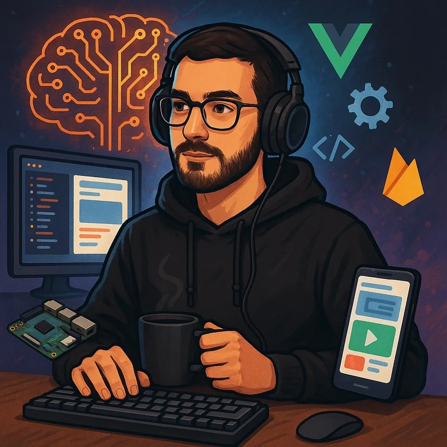 Ilustración de Jared Garcia en su escritorio, con audífonos, café y código en pantalla.