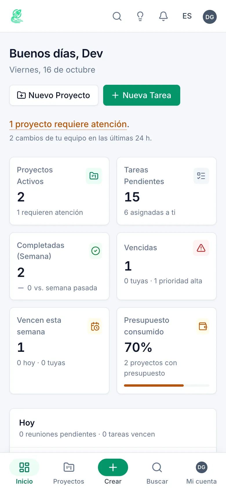 GanttHub — vista móvil