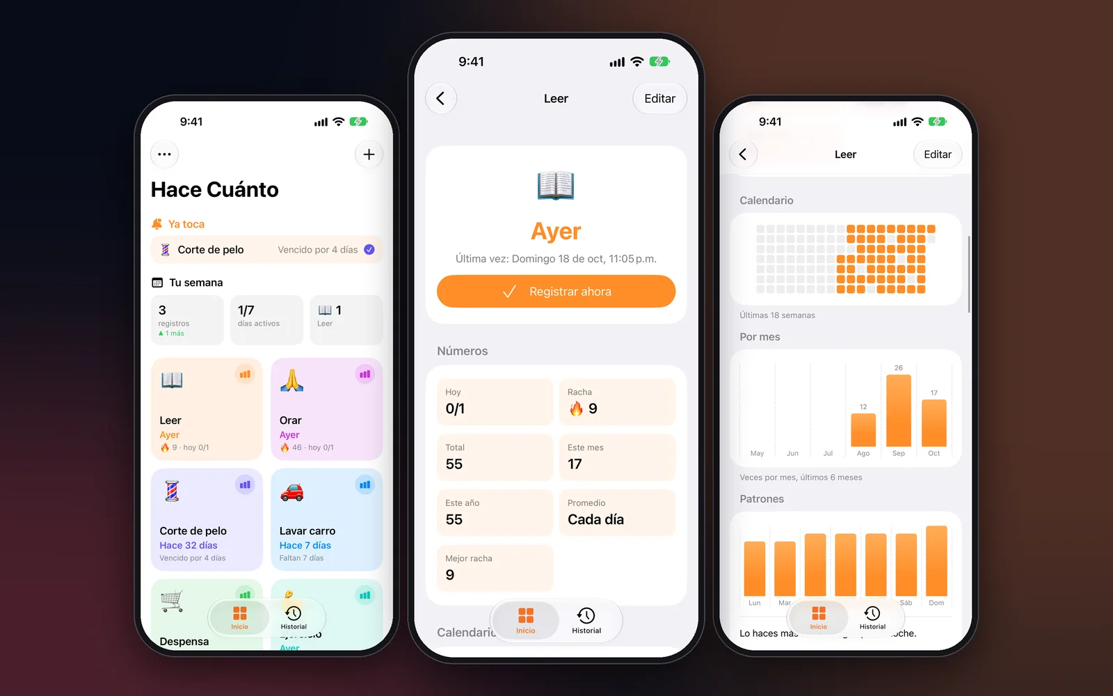 Inicio con lo que ya toca y tu semana; el detalle de un hábito con sus números y su calendario.