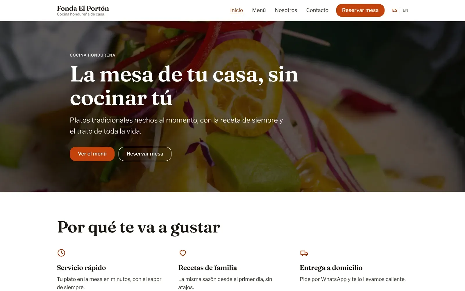 Un sitio generado con RapiSites para un restaurante.
