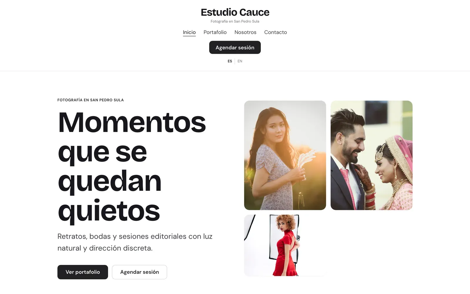 Un sitio generado para un estudio de fotografía, «Estudio Cauce». Galerías, secciones y formulario, sin un solo script.