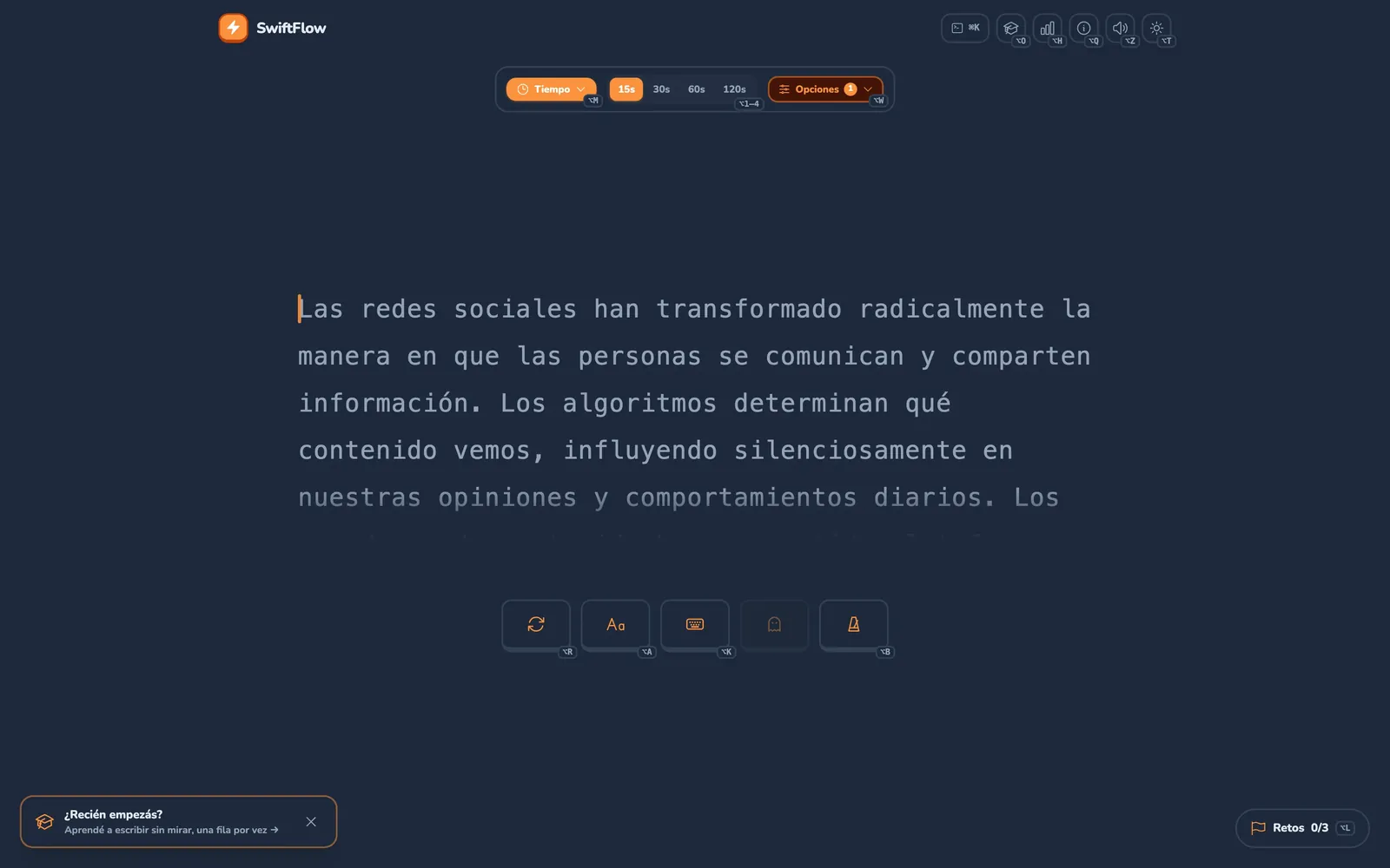 La pantalla del test de SwiftFlow en tema oscuro, con un chip pequeño junto a cada botón que indica su tecla con ⌥.