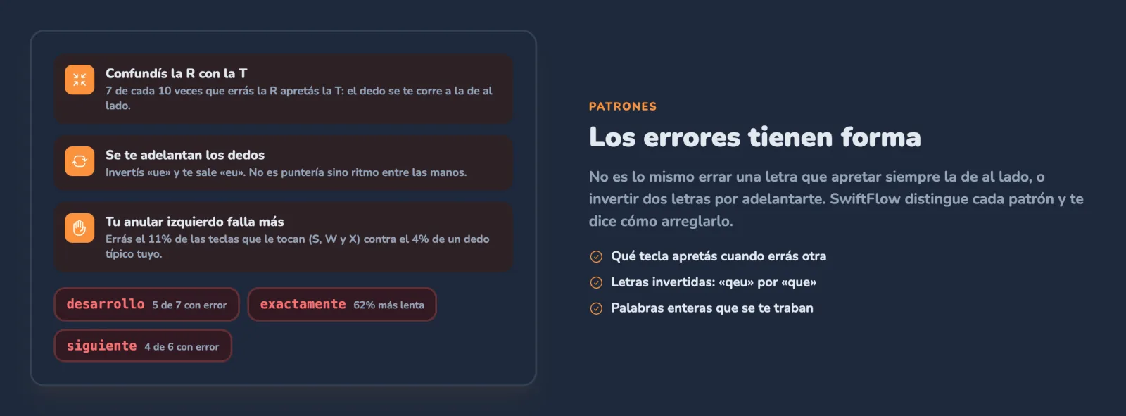 Tres consejos de SwiftFlow: «Confundís la R con la T», «Se te adelantan los dedos» y «Tu anular izquierdo falla más», con tres palabras que se traban debajo.