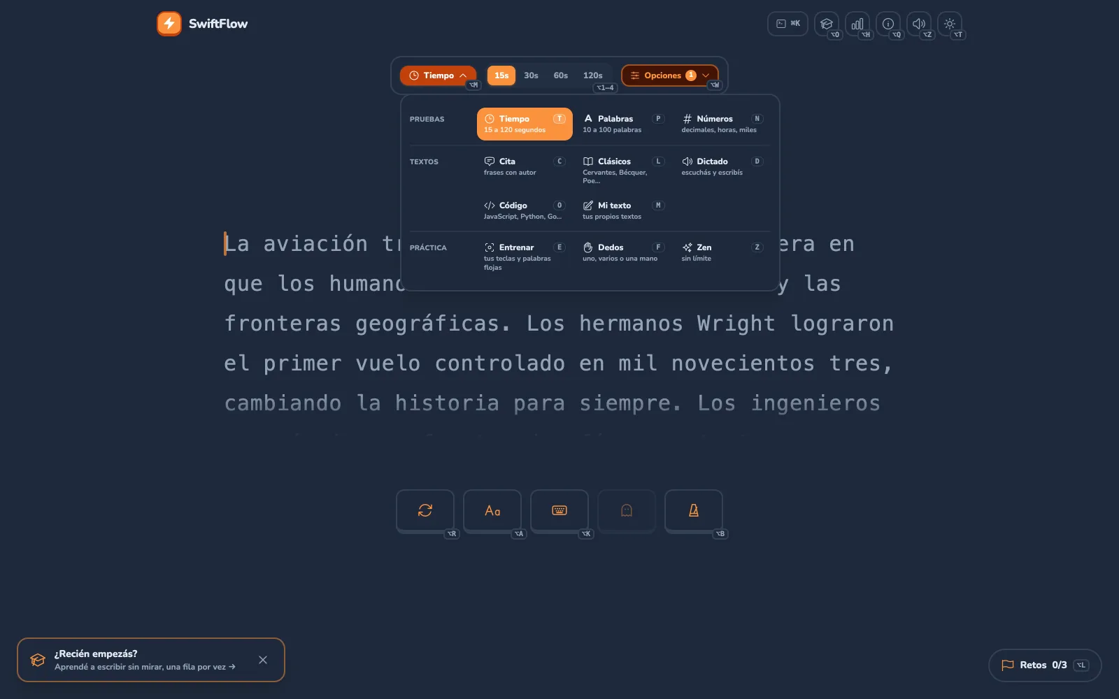 El menú de modos de SwiftFlow abierto, agrupado en Pruebas, Textos y Práctica, con la tecla de cada modo.