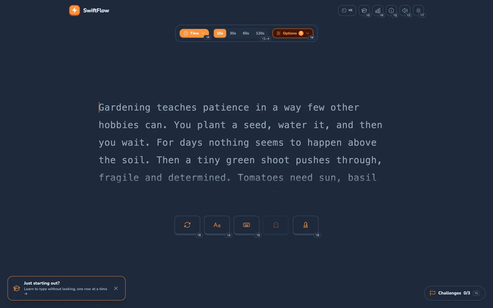 La pantalla de escritura de SwiftFlow en inglés, con el modo Time, 15s, Options y un párrafo en inglés sobre jardinería.
