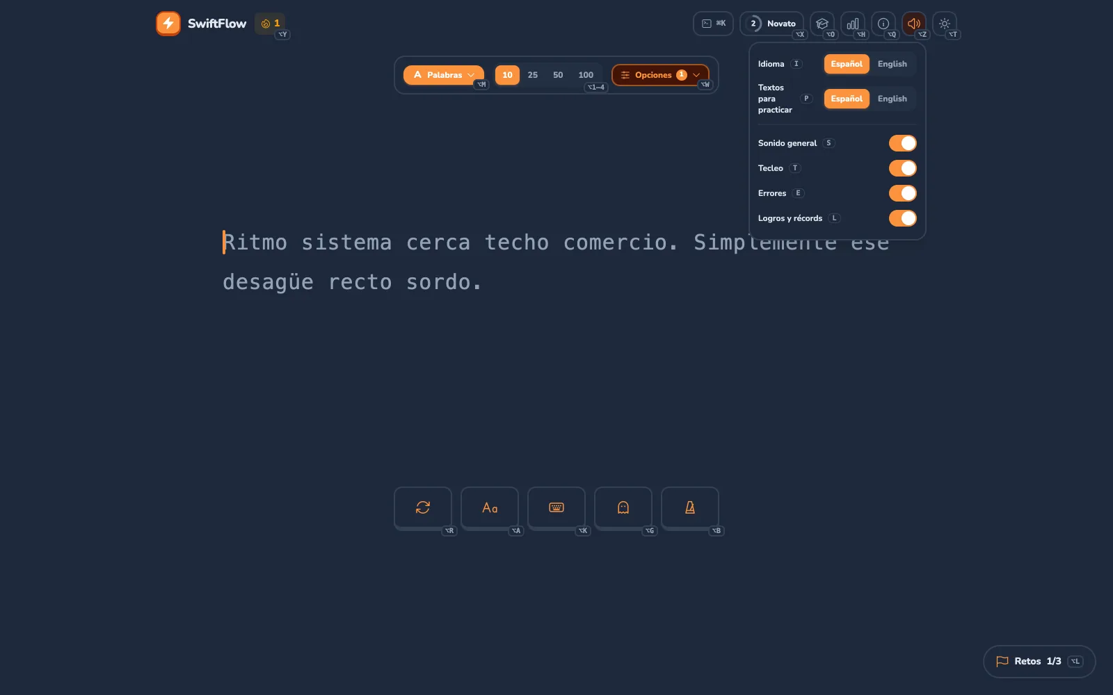 El menú «Sonido e idioma» de SwiftFlow abierto, con «Idioma» y «Textos para practicar» como dos selectores separados entre Español y English.