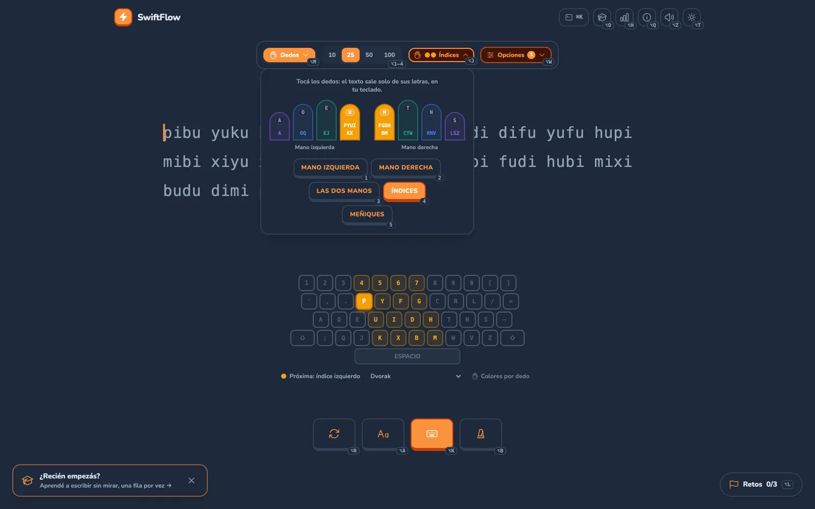El selector de dedos de SwiftFlow abierto con la distribución Dvorak: cada dedo muestra arriba la tecla donde descansa (A, O, E, U, H, T, N, S) y los atajos 1 a 5.
