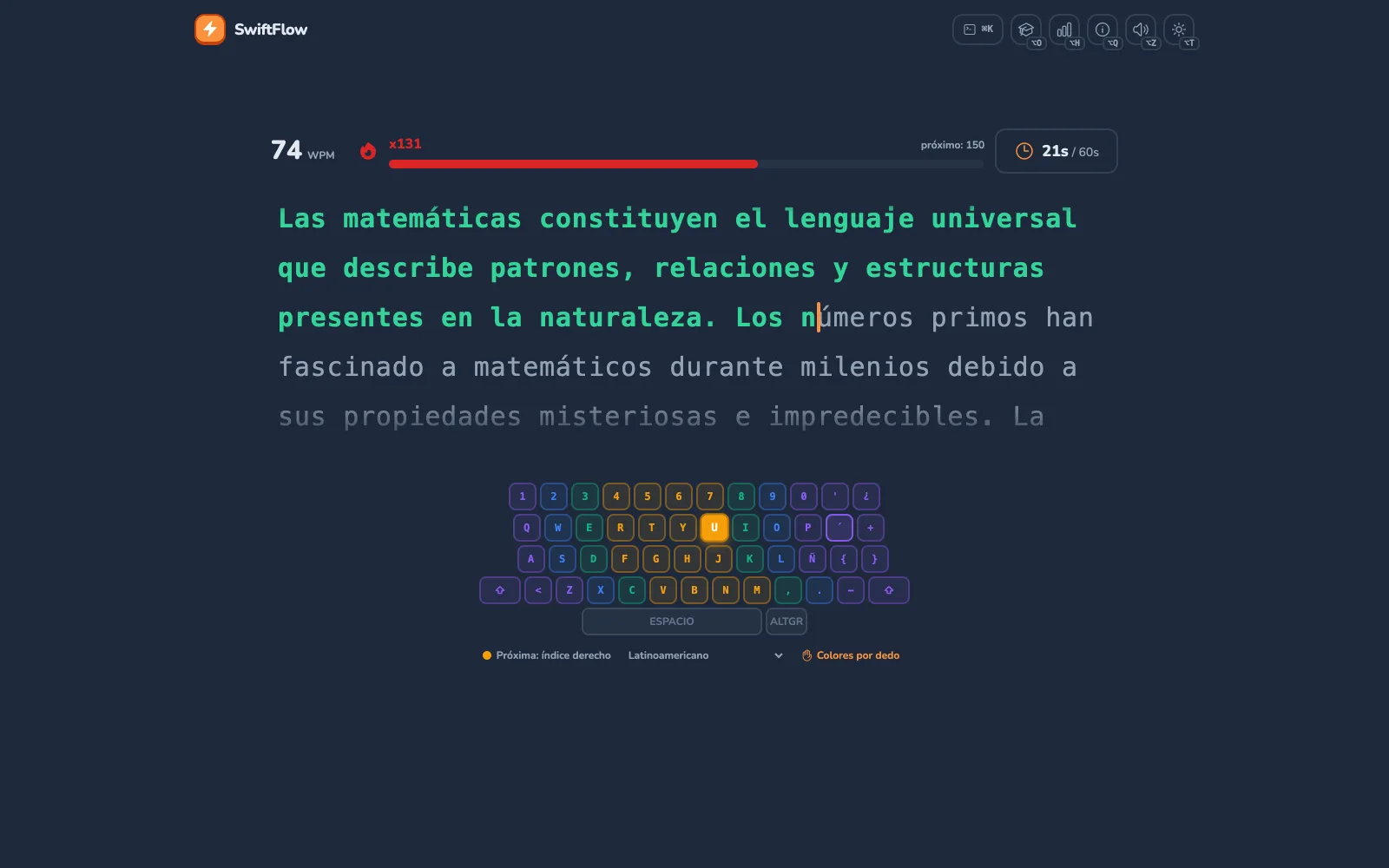 El test de SwiftFlow con el teclado latinoamericano en pantalla y colores por dedo. El texto sigue en «núme…»: la U está iluminada en ámbar y la tecla del acento, a la derecha de la P, tiene el contorno marcado. Debajo dice «Próxima: índice derecho».