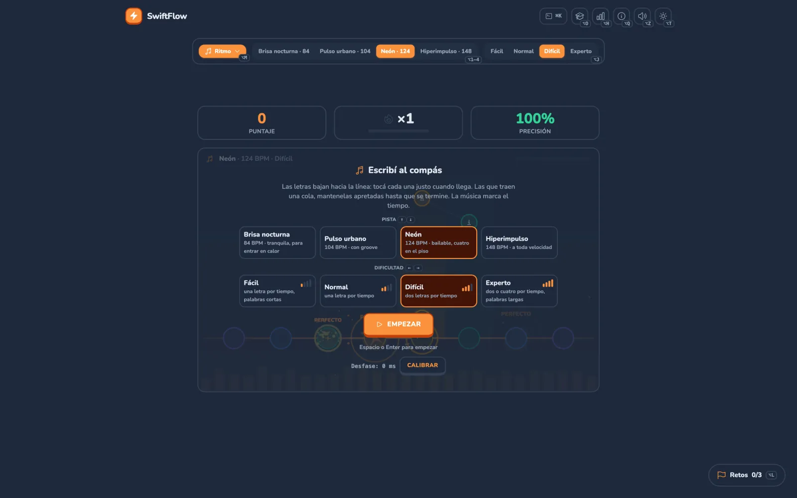 La pantalla de inicio de Ritmo en SwiftFlow: «Escribí al compás», las cuatro pistas con su tempo (Neón elegida), las cuatro dificultades con barras (Difícil elegida), el botón Empezar y el desfase en 0 ms con el botón Calibrar.