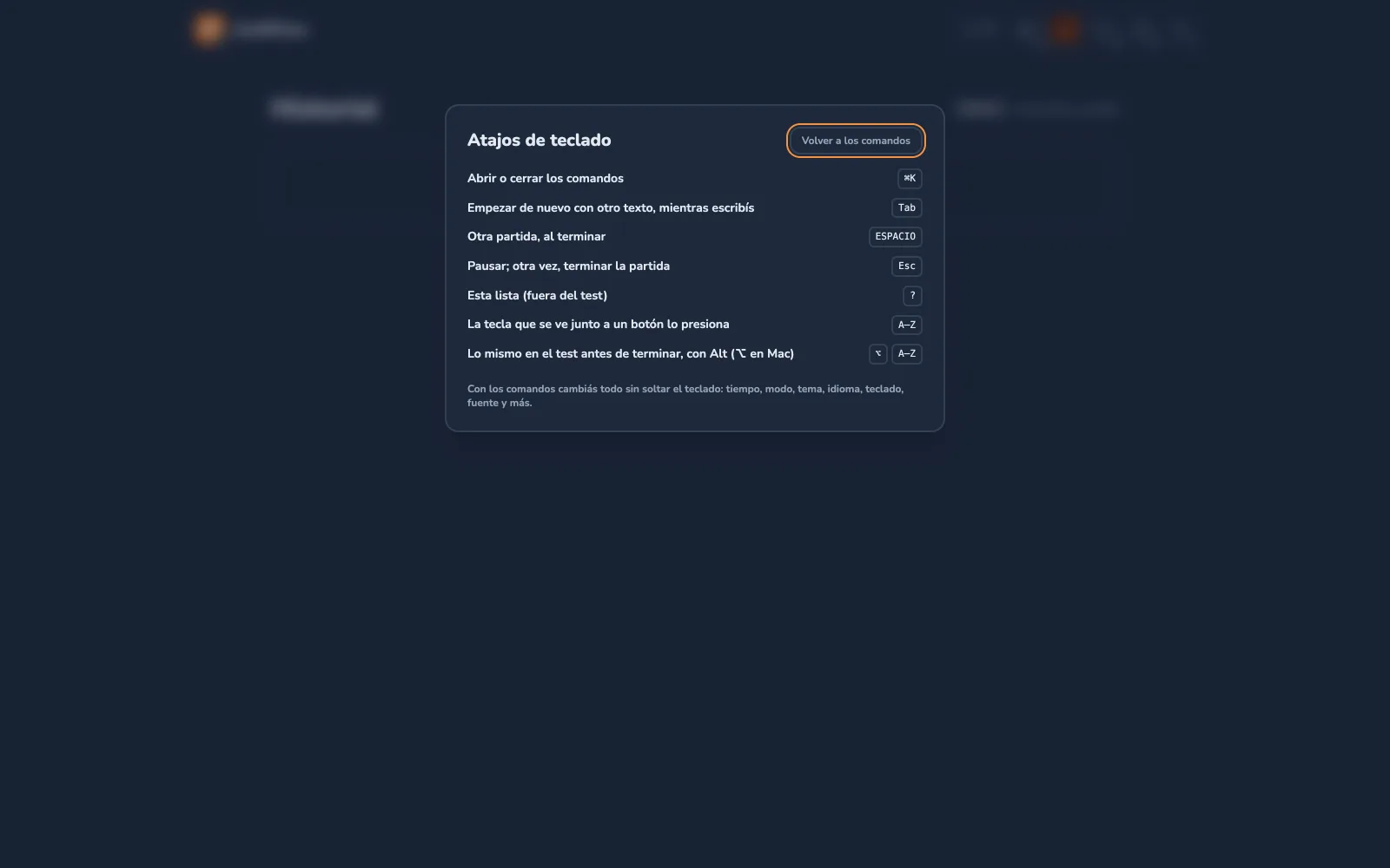 La lista «Atajos de teclado» de SwiftFlow: ⌘K abre o cierra los comandos, Tab empieza de nuevo, Espacio para otra partida, Esc pausa, ? muestra la lista, A–Z presiona el botón y ⌥ A–Z hace lo mismo en el test.