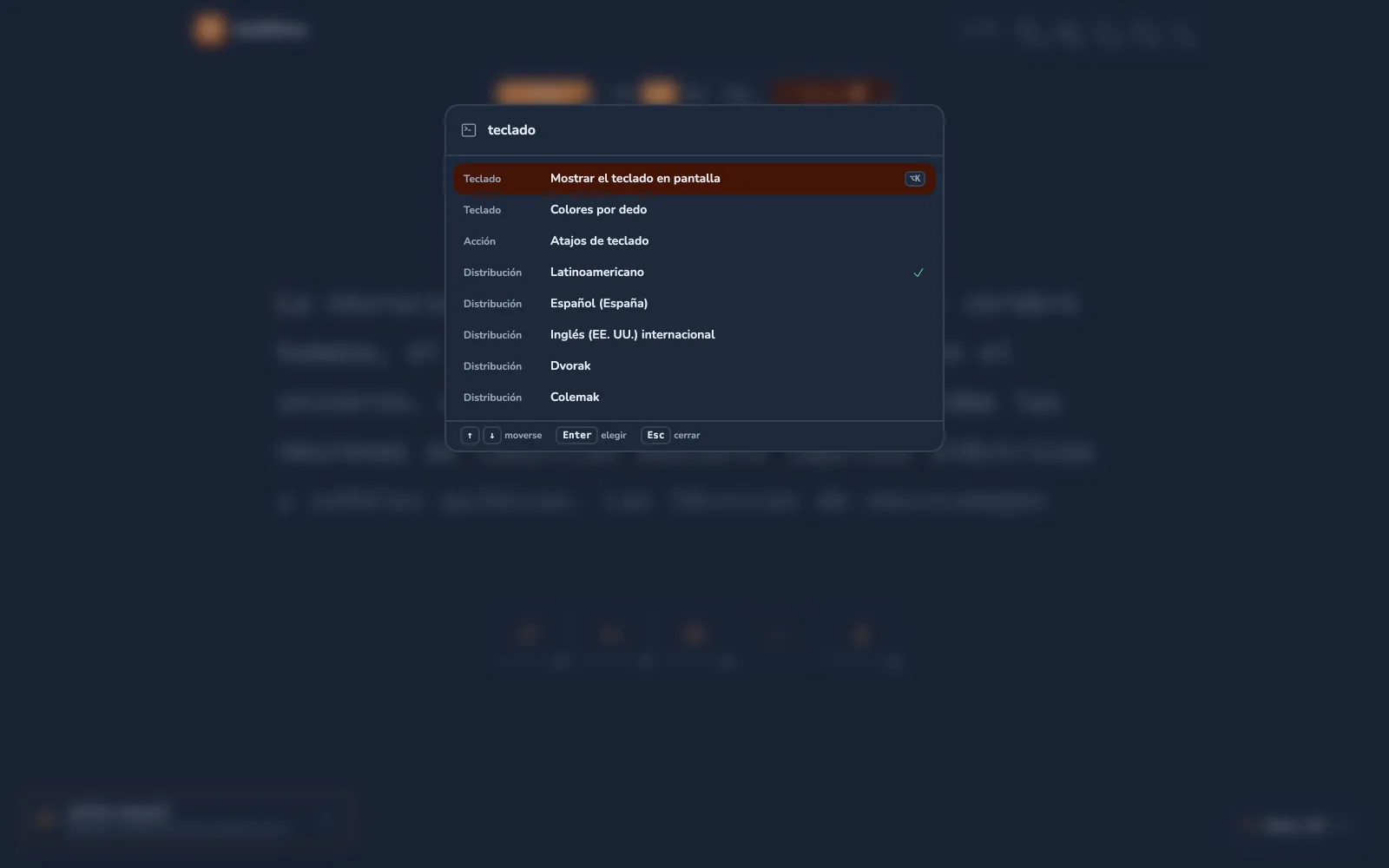 La paleta de comandos de SwiftFlow con «teclado» escrito: mostrar el teclado en pantalla, colores por dedo, atajos de teclado y las cinco distribuciones, con Latinoamericano marcada como activa.