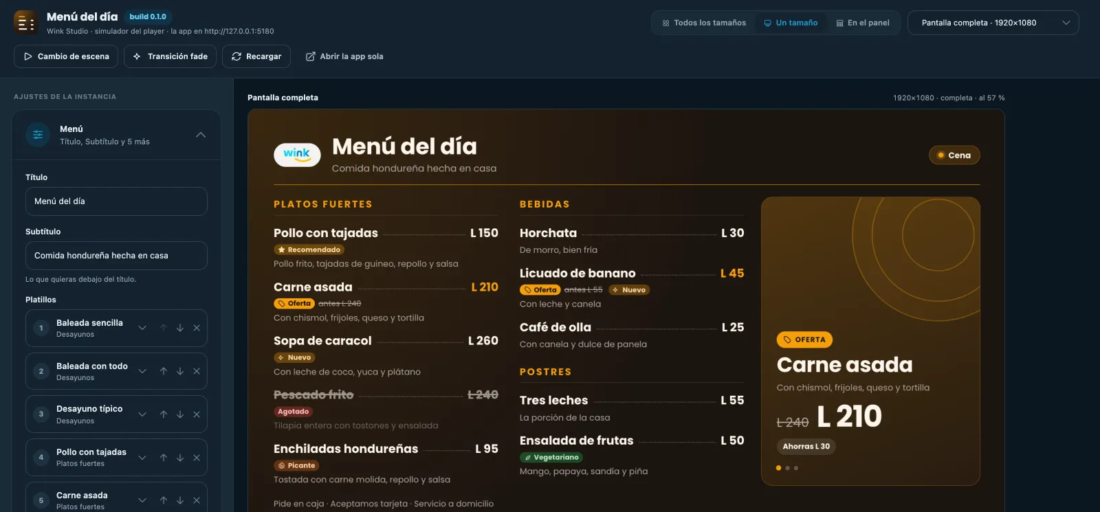 El formulario de la izquierda sale del manifiesto de Menú del día: título, subtítulo y la lista de platillos.