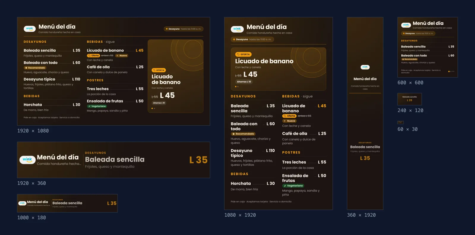 Menú del día en 8 de los 11 tamaños que revisa la certificación (escala real entre ellos).
