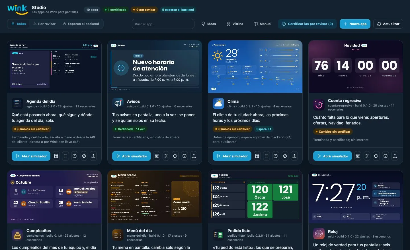 El inicio de Wink Studio: las diez apps con su captura, su versión y su estado.