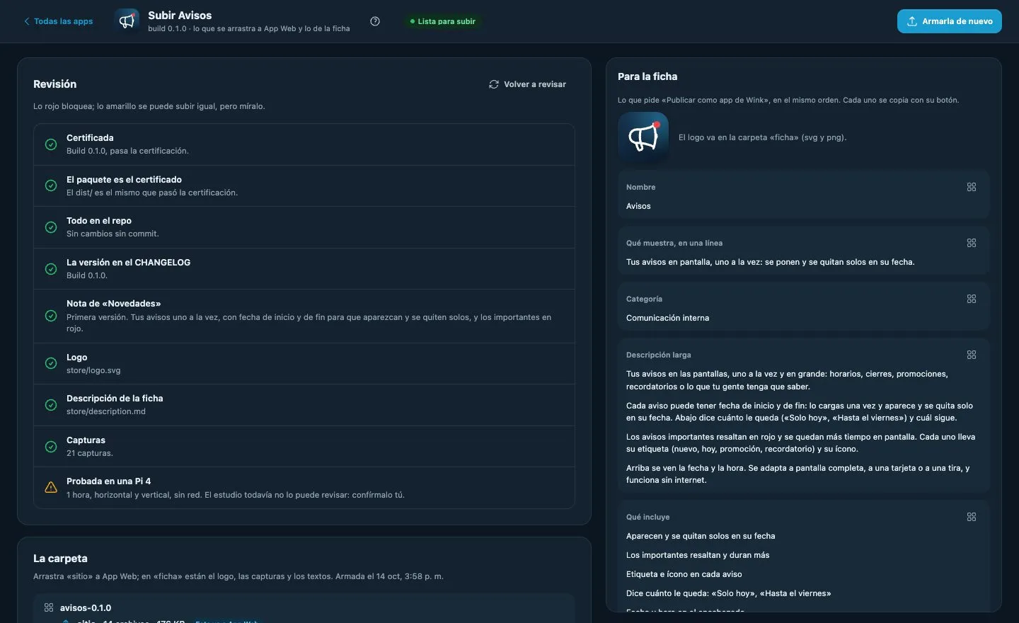 Preparar para subir Avisos: la revisión en verde a la izquierda y los textos de la ficha a la derecha.